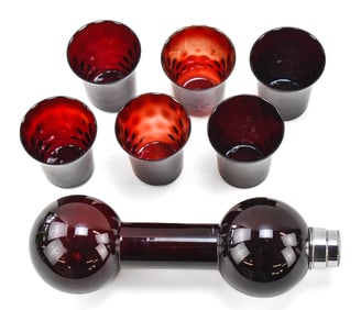 WEST VIRGINIA SPECIALTY GLASS COMPANY RUBY RED GLASS BARBELL COCKTAIL SHAKER & SIX INVERTED
