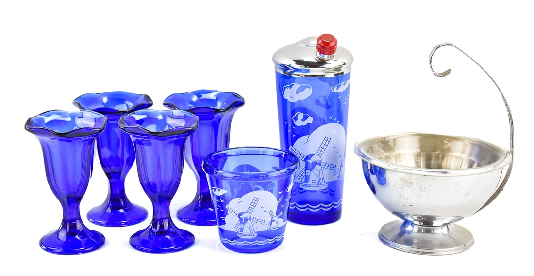 HAZEL ATLAS 'WINDMILLS' COBALT BLUE ICE PAIL & COCKTAIL SHAKER, ANCHOR HOCKING 'FOUNTAINWARE' (1 of 2)