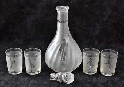 FROSTED SATIN GLASS NUDE WOMEN DECANTER AND FOUR TUMBLERS