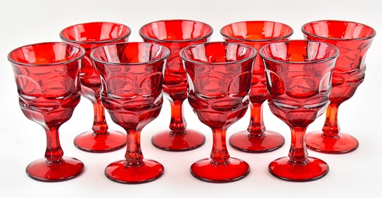 SET OF EIGHT VINTAGE FOSTORIA ARGUS RUBY RED WATER GLASSES