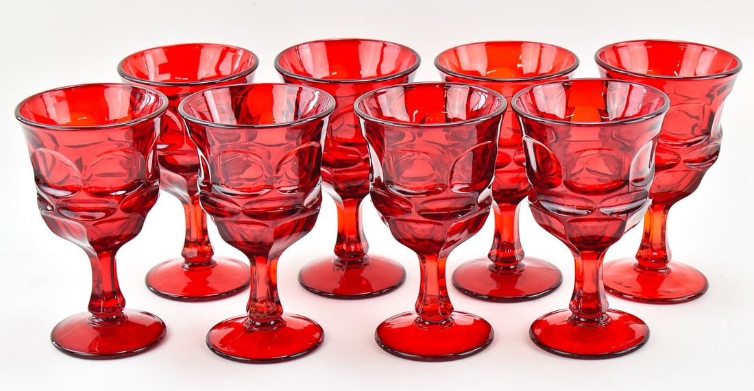 SET OF EIGHT VINTAGE FOSTORIA ARGUS RUBY RED WATER GLASSES: Set of eight vintage Fostoria Argus ruby red water glasses. The glasses measure 6.5"H x 4"W x 4"D each.