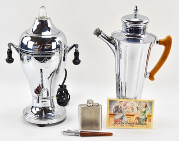 ART DECO CHROME & BAKELITE COCKTAIL SHAKER, COFFEE URN, BAKELITE HANDLED BOTTLE OPENER AND MORE