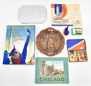 NEW YORK & CHICAGO WORLD'S FAIR SOUVENIRS: HOT PAD, SYROCO TRAY, J & P COATS SEWING KIT, & MORE