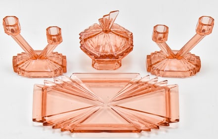 BAGLEY & COMPANY 'BEDFORD' ENGLISH ART DECO PINK GLASS DRESSER SET