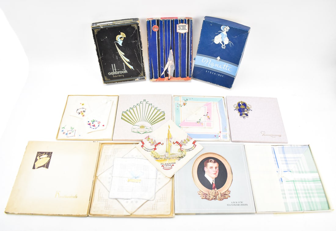 EARLY 20TH CENTURY WOMEN'S CLOTHING BOXES & HANDKERCHIEFS: E & W, LEYSON, OAKBROOK, ARROW, & MORE: This lot includes the following women's clothing boxes and handkerchiefs, circa early 20th century: E & W "Nanette" stockings box, Leyson hosiery box, Oakbrook hosiery 'Trojan Girl' box, handkerchief