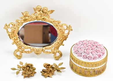 GILDED GERMAN EFFINWARE PORCELAIN POWDER BOX & CHERUB FRAMED GILDED MIRROR PLUS MORE