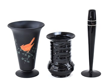 COLLECTION OF BLACK GLASS VASES: CAMBRIDGE, CONSOLIDATED, & MORE