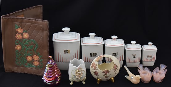 ASSORTED PORCELAIN & GLASSWARE: FRENCH PANTRY CANISTERS & MORE