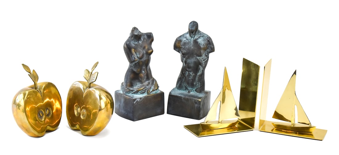 GATCO BRASS BOOKENDS: SCULPTURAL TORSO, HALVED APPLE, SAILBOAT (1 of 7)