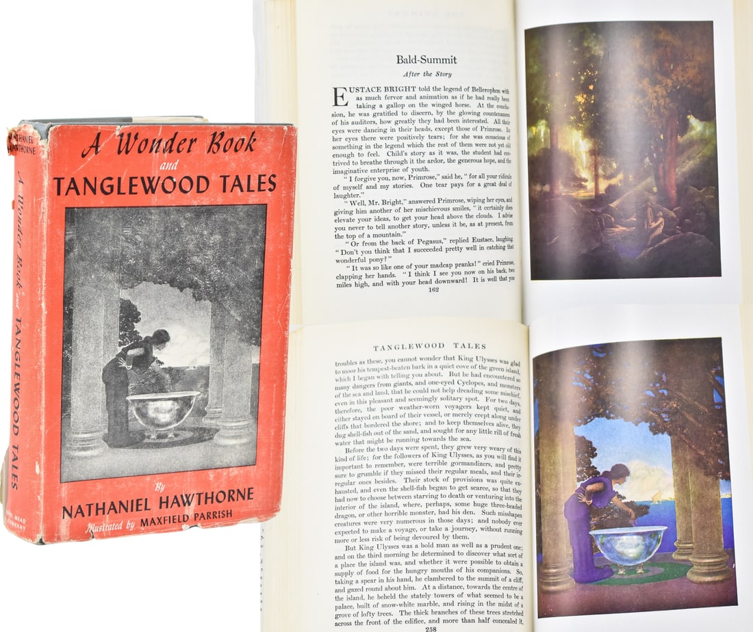 'A WONDER BOOK & TANGLEWOOD TALES' BY NATHANIEL HAWTHORNE: "A Wonderbook and Tanglewood Tales" by Nathaniel Hawthorne, illustrated by Maxfield Parrish and published in 1938 by Dodd, Mead, & Company, New York. The book measures 9.5" H x 6.5" W x 1.5" D.