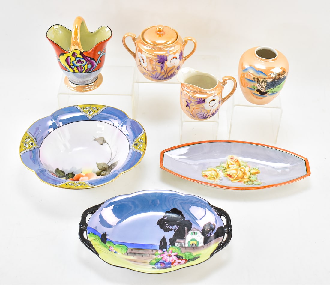 COLLECTION OF JAPANESE & GERMAN LUSTERWARE: NORITAKE: A collection of Japanese and German lusterware, by Noritake and others including platters, a bowl, a sugar bowl and creamer set, and vases. The bowl measures 3" H x 9.5" W x 9.5" D, for reference.