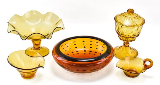 AMBER ART GLASS ASSORTMENT: VIKING GLASS, PEDESTAL CANDY DISH, & MORE