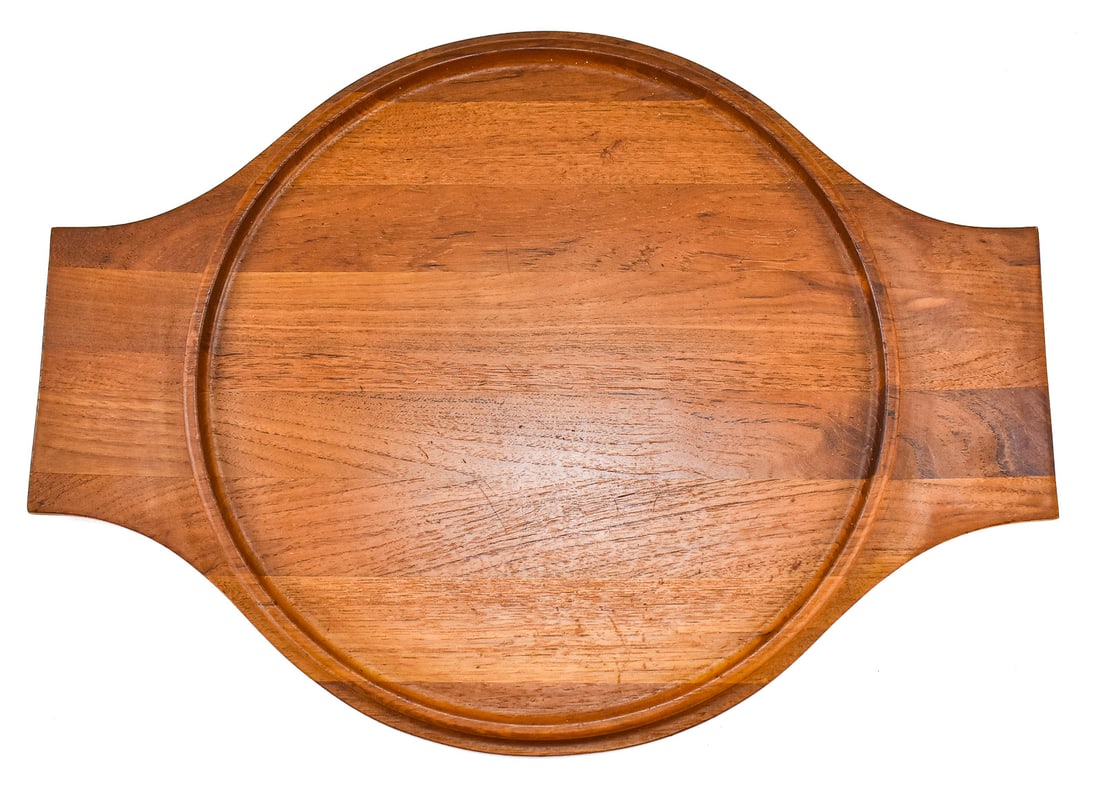 MID-CENTURY DANSK DENMARK IHQ STAVED TEAK TRAY: A Mid-century Dansk of Denmark IHQ staved teak tray measuring 19"H x 22"W x 1"D.