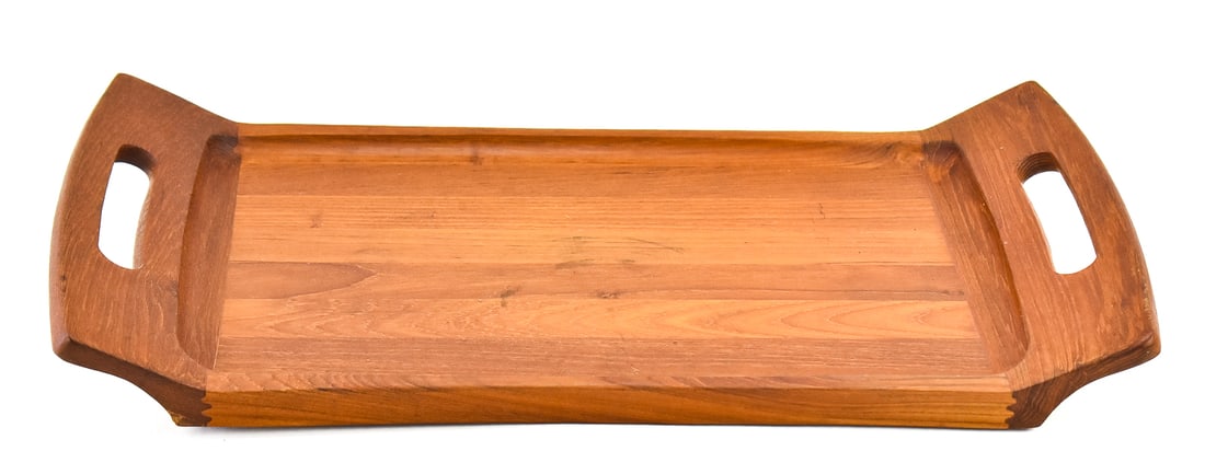 DANSK IHQ STAVED TEAK HANDLED SERVING TRAY: A 1970s Dansk Malaysia IHQ staved teak handled serving tray measuring 13"H x 24"W x 2"D