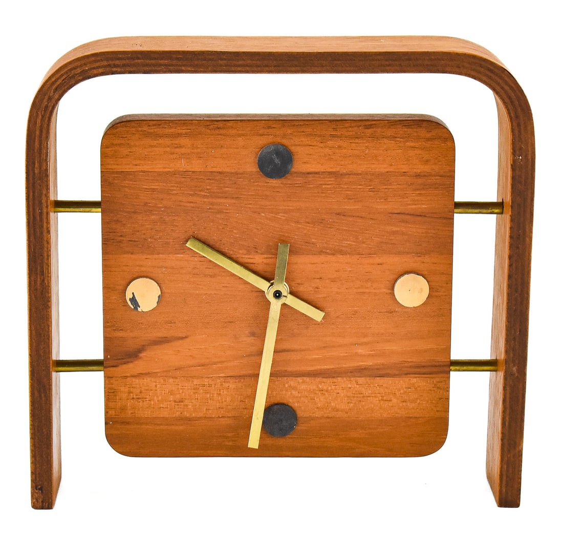DANISH SCANDINAVIAN TEAK MODERN STYLE QUARTZ CLOCK: A Danish Scandinavian Modern style teak quartz battery-operated clock with dotted hours, circa late 20th century. The item measures 9" H, 13" W, 2" D.