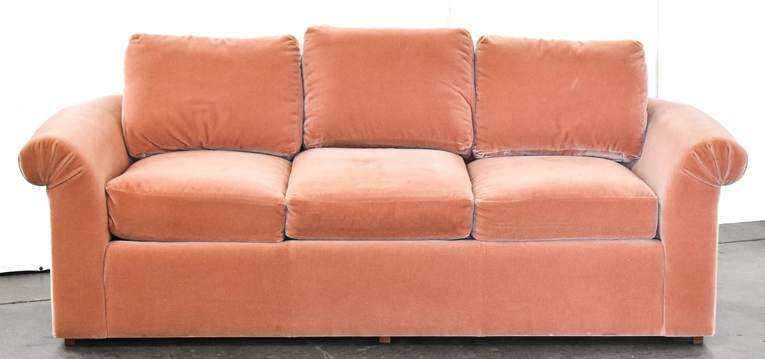 POSTMODERN CUSTOM CRAFTED & UPHOLSTERED DUSTY ROSE VELOUR SOFA (1 of 7)