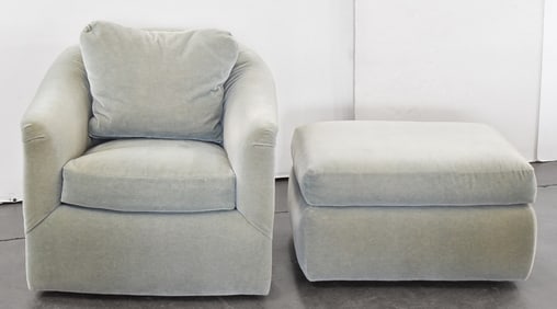 POSTMODERN LIGHT SEAFOAM GREEN VELOUR BARREL CHAIR & MATCHING OTTOMAN