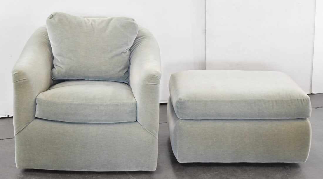 POSTMODERN LIGHT SEA-FOAM GREEN VELOUR BARREL CHAIR & MATCHING OTTOMAN (1 of 7)