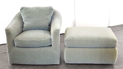 POSTMODERN LIGHT SEAFOAM GREEN VELOUR BARREL CHAIR & MATCHING OTTOMAN
