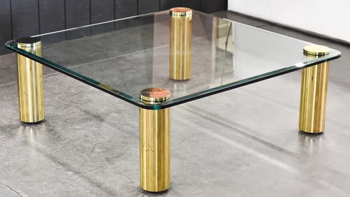 LEON ROSEN FOR PACE MCM GLASS & BRASS PLATED COCKTAIL TABLE, C. 1970s