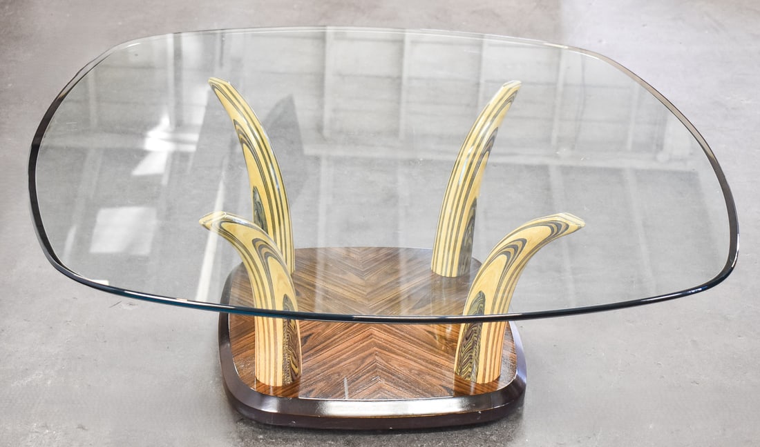 POSTMODERN HENREDON SCENE II ZEBRA WOOD SMOKED GLASS COFFEE TABLE (1 of 2)