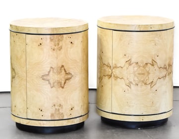 PAIR OF POSTMODERN HENREDON OLIVE WOOD & ASH DRUM CABINET STYLE END TABLES