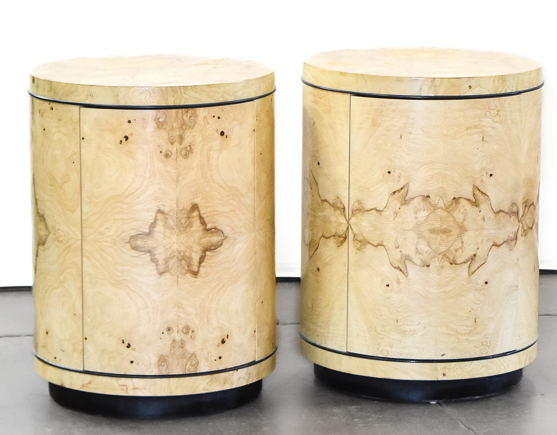 PAIR OF POSTMODERN HENREDON OLIVE WOOD & ASH DRUM CABINET STYLE END TABLES (1 of 4)