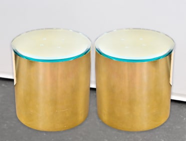 PAIR OF BRASS DRUM GLASS-TOP SIDE TABLES, PAUL MAYEN FOR HABITAT ARCHITECTURAL SUPPLEMENTS