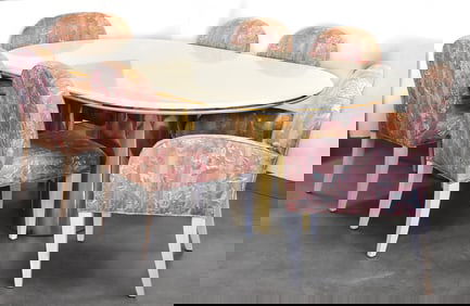 POSTMODERN KARL SPRINGER STYLE DINING TABLE & CUSTOM UPHOLSTERED CHAIR SET