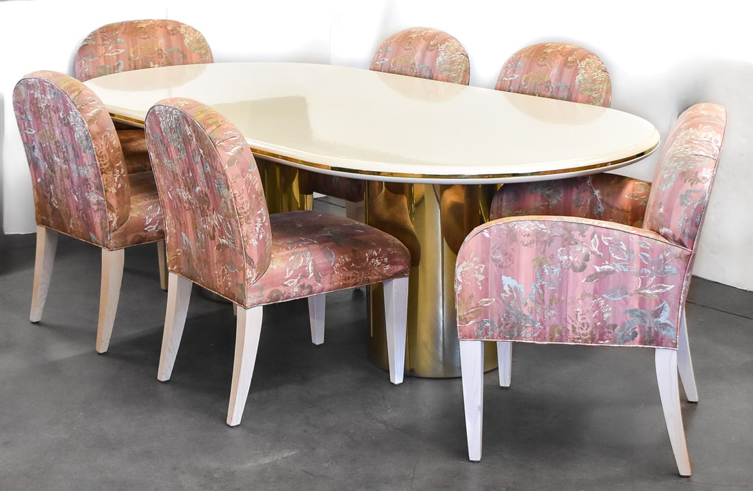 POSTMODERN KARL SPRINGER STYLE DINING TABLE & CUSTOM UPHOLSTERED CHAIR SET (1 of 7)