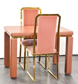 GEORGE MATHIAS STYLE POSTMODERN DUSTY ROSE & BRASS DINETTE TABLE & TWO MICHEL MANGEMATIN STYLE