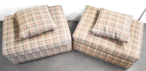 POSTMODERN SET OF MATCHING CUSTOM UPHOLSTERED OTTOMANS & PILLOWS
