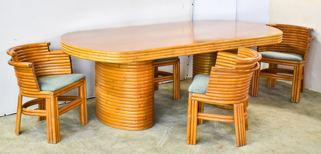 MID-CENTURY TROPICAL DECO PAUL FRANK STYLE STACKED RATTAN AND MAHOGANY DINING TABLE & CHAIR SET: A Mid-century Tropical Deco and Paul Frank style stacked rattan and mahogany dining table with four matching dining chairs with no maker marks present. The set was purchased in the early 50s, along wi
