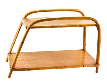 MID-CENTURY RITTS STYLE TROPICAL DECO TWO-TIERED BENT RATTAN & MAHOGANY TABLE