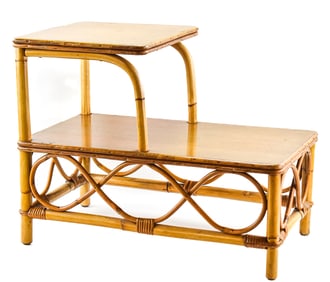 MID-CENTURY TWO-TIERED STEPPED RATTAN & BAMBOO TABLE