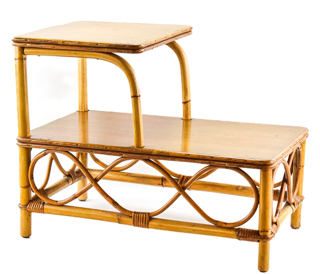 MID-CENTURY TWO-TIERED STEPPED RATTAN & BAMBOO TABLE (1 of 2)