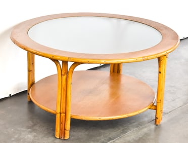 MID-CENTURY BAMBOO, WOOD & GLASS ROUND COFFEE TABLE