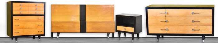 SIELING MID-CENTURY MODERN EBONY & MAPLE BEDROOM SET: DRESSER, HIGH BOY, BED FRAME, NIGHT STAND