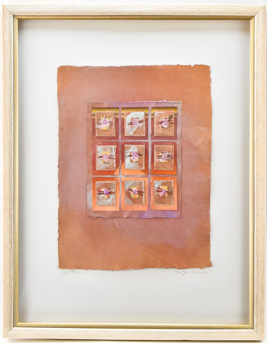 NAN GOSS-BILODEAU 'COPPER FUSION' MIXED MEDIA ON PAPER: Mixed media on paper by artist, Nan Goss-Bilodeau (20th Century American), signed lower right and dated 1991. Titled "Copper Fusion", lower left. Art measures 20" H x 15" W presented in a frame measur