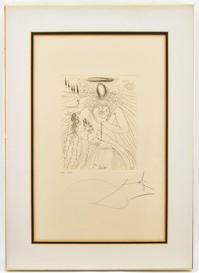 SALVADOR DALI 'TO EV'RY CAPTIVE SOUL' SIGNED ETCHING: Limited edition etching "To Ev'ry Captive Soul" on paper by listed artist, Salvador Dali (France, Spain, 1904-1989), signed lower right, 'HC' (Hors Commerce--indicates a special, non-edition proof ori