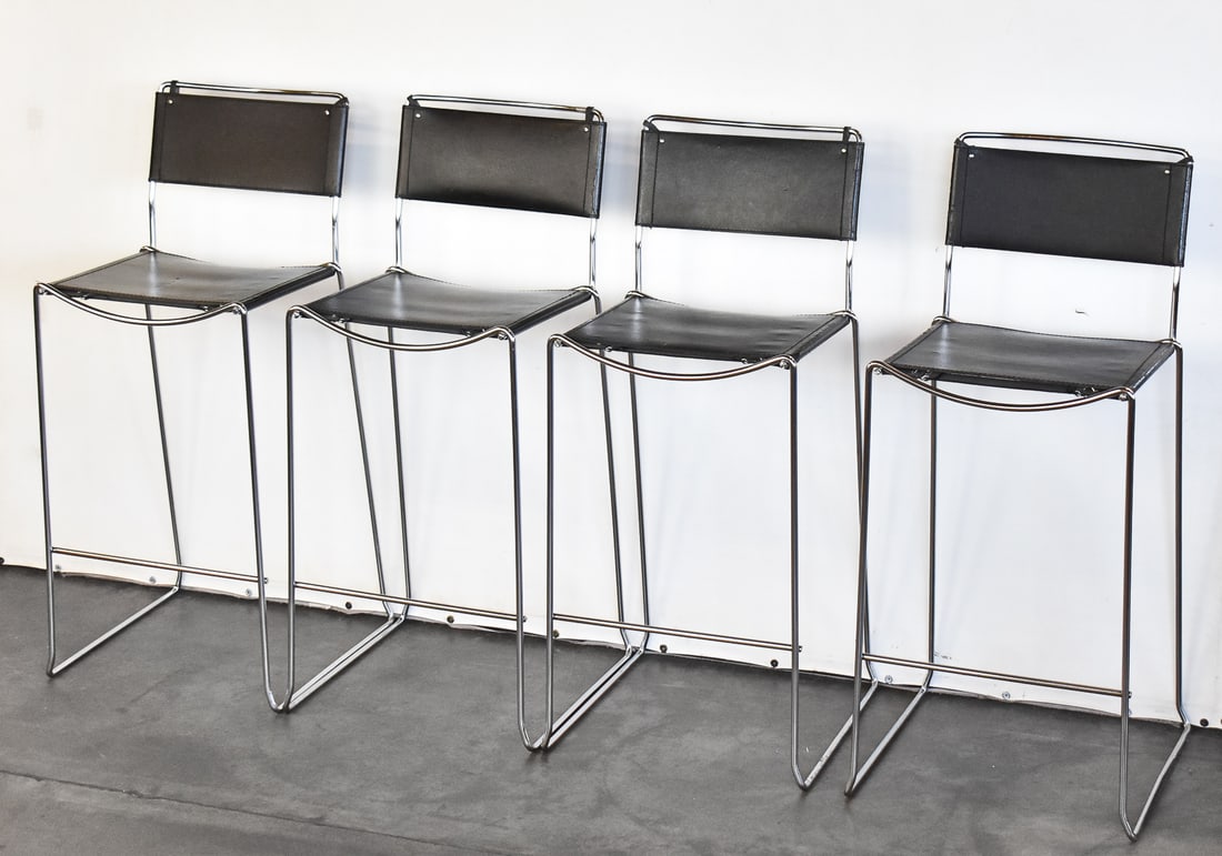 SET OF FOUR GIANDOMENICO BELOTTI (ATTR.) ITALIAN POSTMODERN LEATHER & CHROME BARSTOOLS (1 of 4)