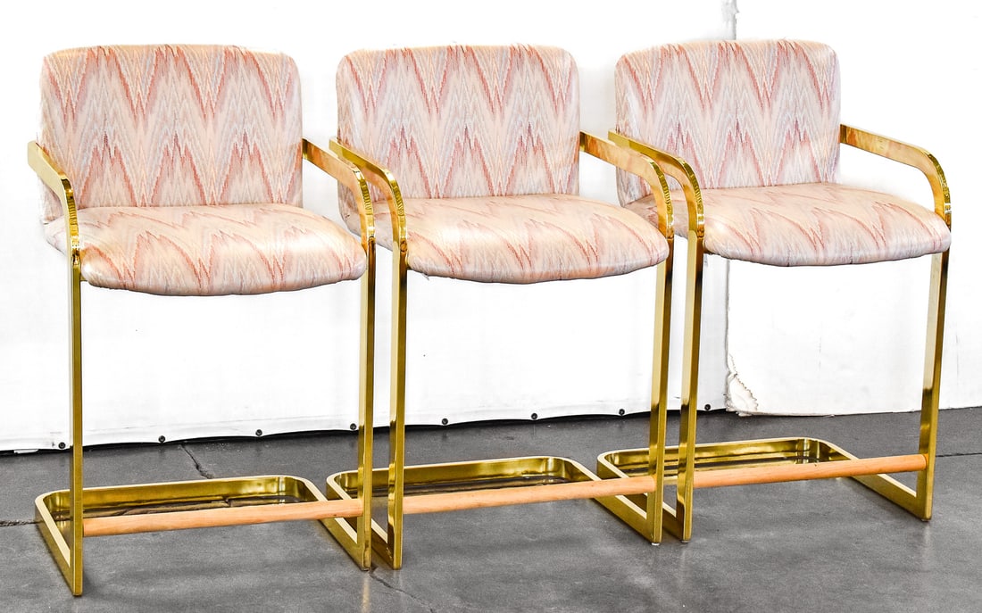 SET OF THREE POSTMODERN CUSTOM UPHOLSTERED DESIGN INSTITUTE OF AMERICA CANTILEVERED COUNTER STOOLS (1 of 4)