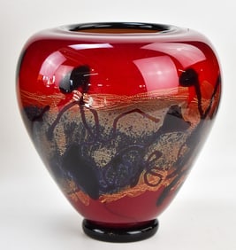 MICHAEL NOUROT SIGNED HAND-BLOWN RED SATIN GLASS VASE