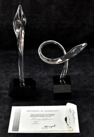 GUYOL SIGNED 'ETERNAL FLAME' & 'SCHOOL OF FISH' SIGNED CRYSTAL GLASS SCULPTURES