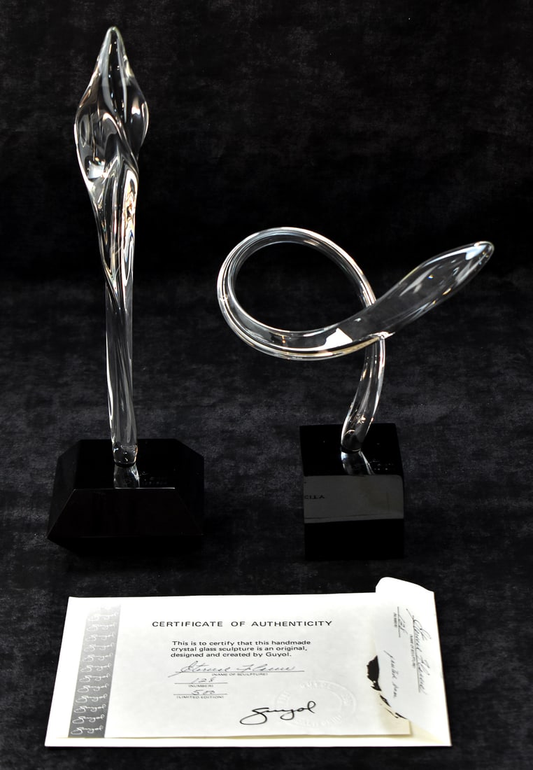 GUYOL SIGNED 'ETERNAL FLAME' & 'SCHOOL OF FISH' SIGNED CRYSTAL GLASS SCULPTURES (1 of 4)