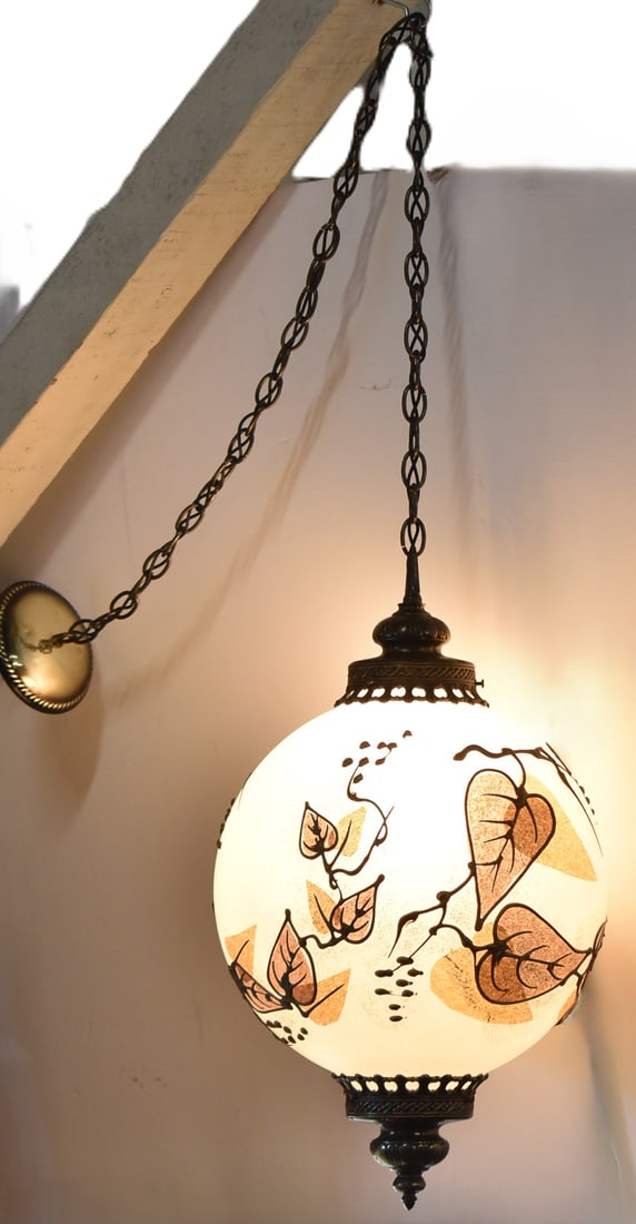 MID-CENTURY HAND-PAINTED ORNATE GLOBE SWAG LAMP (1 of 2)