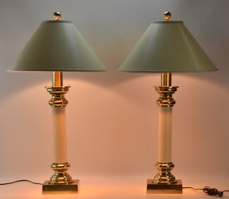 TWO STIFFEL HOLLYWOOD REGENCY STYLE BRASS & FAUX SNAKESKIN TABLE LAMPS