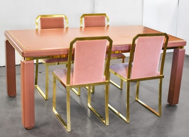 GEORGE MATHIAS STYLE POSTMODERN DUSTY ROSE & BRASS DINING TABLE & FOUR MICHEL MANGEMATIN STYLE