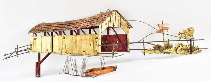 CURTIS JERE SIGNED MIXED METAL COVERED BRIDGE WALL ART