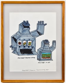DAVID GILHOOLY III 'FROG ROBOT DISPENSERS' WATERCOLOR